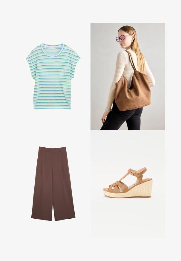 Randig kortärmad topp i ljusblått, grönt och vitt. Har en rund halsringning och lös passform med ett mjukt, ventilerande material.; Bruna vida byxor med en slät textur, som har hög midja och framfickor. Tyget är lätt och flödar löst.; Bruna kilklackssandaler med tvärband, justerbart ankelsläp och en texturerad vävd espadrillo-kil.; Brun mocka toteväska med mjuk textur, stor öppning och långa axelremmar. Har en enkel design med synliga sömmar och ingen hårdvara.