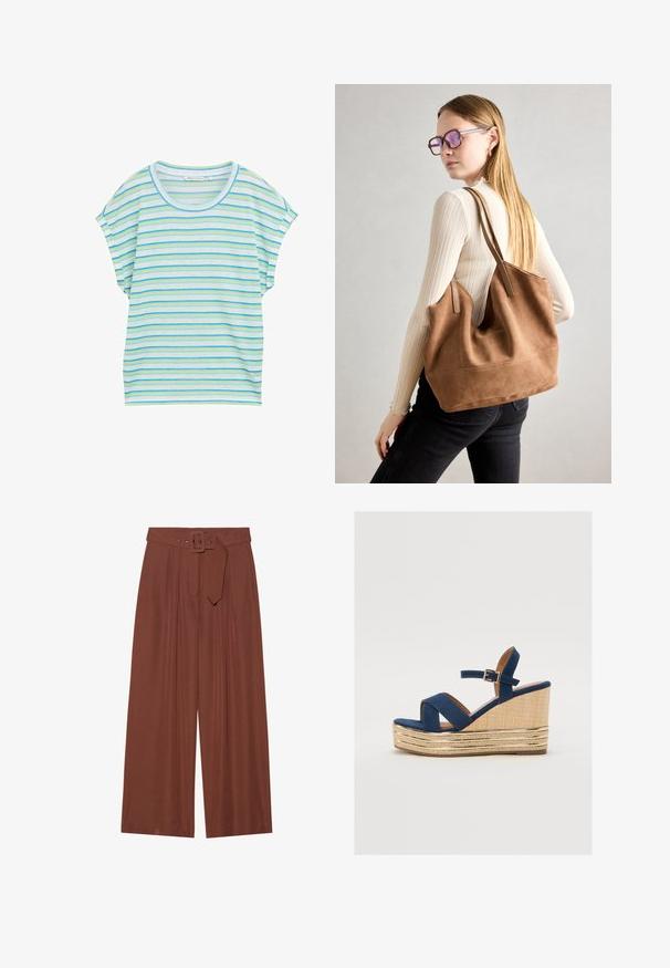 Juostuota trumpa rankovė viršutinė dalis šviesiai mėlynos, žalios ir baltos spalvų. Yra apvalus kaklo iškirpimas ir laisvas siluetas, pagaminta iš minkštos, kvėpuojančios medžiagos.; Plačios kelnių kelnės rudos spalvos audinyje, su diržu su kvadratiniu sagtimi, klostuotų dizainu ir lygiu paviršiumi.; Tamsiai mėlynos spalvos platforminės sandalai su kryžminėmis juostelėmis, tekstūruota natūralaus pluošto platforma ir auksiniu metaliniu akcentu ant pagrindo.; Ruda zomšos rankinė su minkšta tekstūra, dideliu atidarymu ir ilgomis diržais. Pasižymi paprastu dizainu, matomomis siūlėmis ir be aksesuarų.