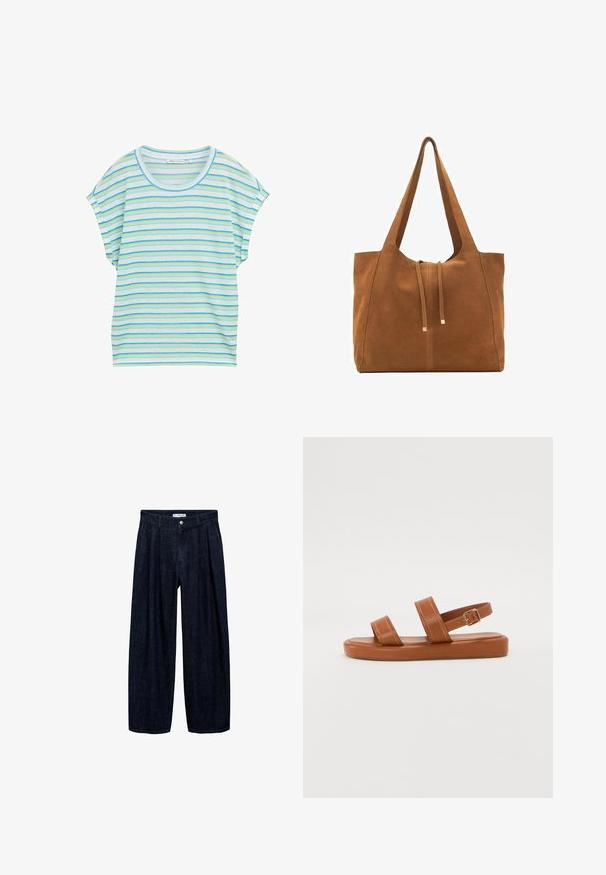 Pruhované tričko s krátkým rukávem ve světle modré, zelené a bílé barvě. Má kulatý výstřih a volný střih z měkké a prodyšné látky.; Tmavě modré rozšířené kalhoty z denimu s přehyby v pase, vybavené předním knoflíkem a poutky na opasek. Hladká textura a design v plné délce.; Hnědé kožené sandály se dvěma širokými pásky a zadním páskem, s plochou podrážkou a jemným šitím, doplněné kovovou sponou.; Hnědá semišová taška s dvěma dlouhými popruhy, stahovací šňůrkou a minimalistickým designem. Hladký povrch a žádné viditelné kovové akcenty.
