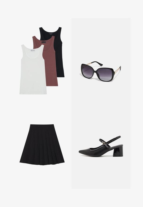 Tre tank topper i hvit, burgunder og svart. Hver av dem har scoop-hals og tynne stropper, laget av mykt, strikkbart stoff.; Svart plisserte skjørt laget av teksturert stoff med en tettsittende linning. Går til knelengde, med en glatt, ren silhuett.; Sorte lakk lær slingback hæler med spiss tå, et avrundet utskjæringsdesign og blokkheel. Har en gulltone spenne som detalj.; Sorte oversized solbriller med gradient linser, tykke rammer og detaljering med gulltonekjede på tempelarmene.; Svart håndveske med teksturert overflate, doble topphåndtak og justerbar skulderrem. Har detaljer i gulltone og sidelommer.