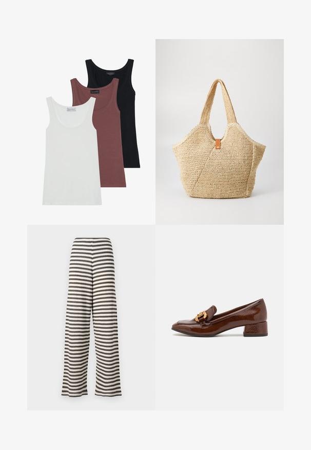 Tričko bez rukávov v bielej, burgundskej a čiernej farbe. Každé má hlboký výstrih a tenké ramienka, vyrobené z jemnej a elastickej látky.; Široké nohavice s čierno-bielym pruhovaným vzorom, s textúrovaným povrchom a elastickým pásom pre pohodlie.; Hnedé kožené loafers s lesklým povrchom, s dekoratívnym zlatým prackom na prednej strane a nízkym blokovým podpätkom. Klasický dizajn.; Veľká slamienková taška s texturovaným béžovým povrchom a dvoma širokými uchami. Obsahuje kožený akcentový popruh na uzatvorenie.