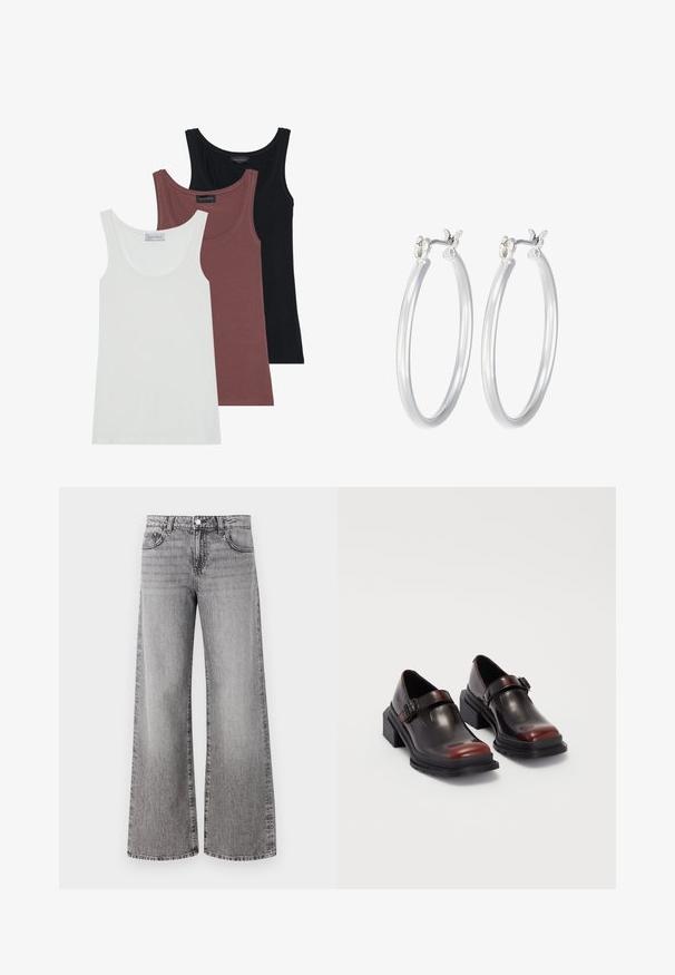 Trykiai marškiniai baltos, burgundiškos ir juodos spalvų. Kiekvienas turi apvalią apykaklę ir plonas petnešas, pagamintas iš minkštos, tamprios medžiagos.; Plati kojos džinsai iš pilkos džinsinio audinio su nudilusia apdaila. Yra klasikiniai kišenės ir mygtuko uždarymas ties juosmeniu.; Odiniai blokiniai kulniukai su blizgiu tamsiai rudų vyno atspalviu, su sagties dirželiu ir apvalia nosimi. Tekstūruotas padas geresniam sukibimui.; Sidabriniai auskarai su sklandžiu, poliruotu paviršiumi. Apvalios formos ir saugus uždarymo mechanizmas. Lengvas dizainas, tinkantis kasdieniam dėvėjimui.