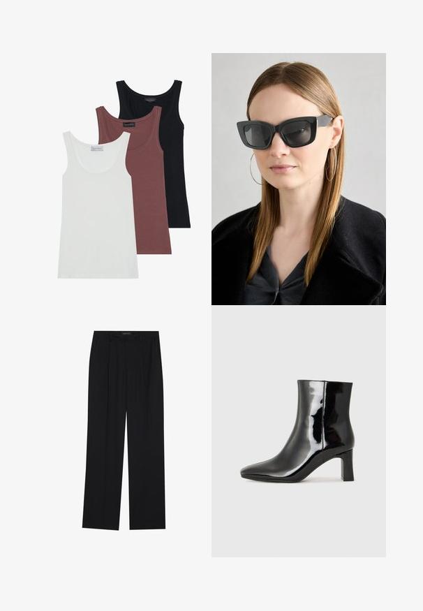 Trykiai marškiniai baltos, burgundiškos ir juodos spalvų. Kiekvienas turi apvalią apykaklę ir plonas petnešas, pagamintas iš minkštos, tamprios medžiagos.; Juodos kelnes su tiesiomis sijonais, turinčios dvi priekinės kišenės ir juosmenį. Pagamintos iš lygios, lengvos medžiagos.; Juodos lakuotos odinės aulinukės su smailiu pirštu ir vidutinio aukščio blokuotu kulnu. Lygus paviršius ir minimalistinis dizainas.; Juodos katės akies saulės akiniai su tamsiais objektyvais, storo rėmo ir subtiliais akcentais. Dėvimi su juodu paltu ir pilku viršumi, turinčiu ilgus tiesius plaukus.