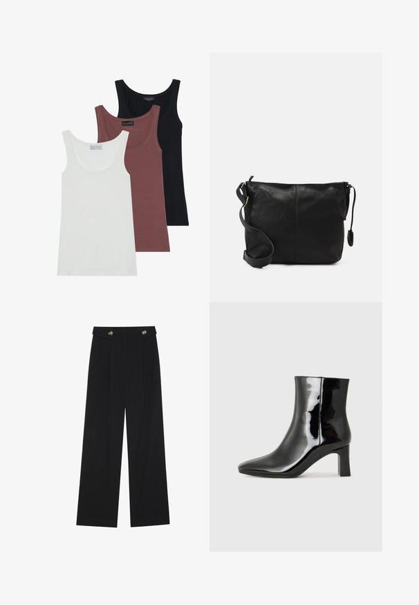 Trzy topy bez rękawów w kolorze białym, burgundowym i czarnym. Każdy z nich ma okrągły dekolt i cienkie ramiączka, wykonany z miękkiego, elastycznego materiału.; Czarne szerokie spodnie z wysokim stanem, z detalami w postaci guzików na pasku oraz plisami z przodu.; Czarne lakierowane botki za kostkę z wysmukłym noskiem i średniej wysokości obcasem w kształcie słupka. Gładka tekstura i minimalistyczny design.; Czarna skórzana torba na ramię o płaskim kształcie, z złotymi akcentami i regulowanym paskiem. Gładka tekstura z minimalnymi detalami przeszycia.