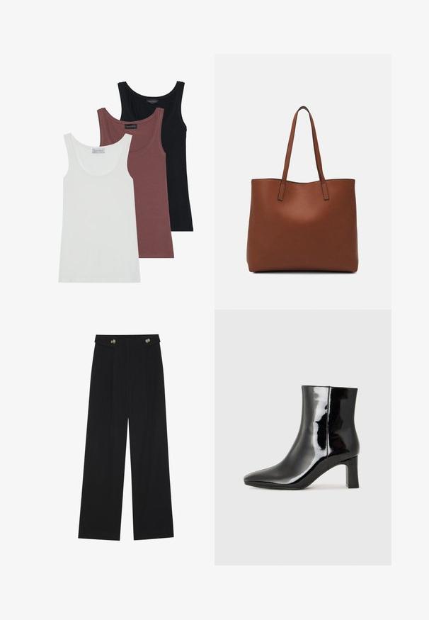 Tre tank topper i hvit, burgunder og svart. Hver av dem har scoop-hals og tynne stropper, laget av mykt, strikkbart stoff.; Svart vide bukser med høy midje, knappdetaljer på midjebåndet og frontplisser.; Sorte patentlær ankle boot med spiss tå og en mellomhøy blokkhelt. Glatt tekstur og minimalistisk design.; Brun lær tote veske med en jevn tekstur, åpen toppdesign og to skulderstropper. Har minimal søm og ingen synlige spiker.