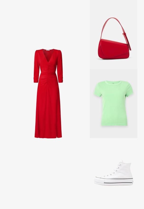 Minta zaļa ribota T-kreklu ar apaļu kakla izgriezumu un īsām piedurknēm. Izgatavots no mīksta kokvilnas, veidots piemērotai siluetam. Nav redzamu lozungu vai rakstu.; Sarkana kleita ar V veida kakla izgriezumu, trīs ceturtdaļu piedurknēm un ruched detaļām viduklī un mugurā. Audums izskatās gluds un viegls.; Balti augstie kanvas sporta apavi ar melnu gumijas zoli, priekšējo gumijas purngalu un sešām acīm lencēm, kuriem ir tīrs, minimālistisks dizains.; Sarkans ādas rokassomi ar stūrainu, ģeometrisku dizainu. Iekļauj vienu regulējamu siksnu un vāku ar izšūtu detaļu.