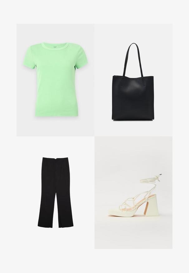 Minzgrünes, geripptes T-Shirt mit Rundhalsausschnitt und kurzen Ärmeln. Hergestellt aus weicher Baumwolle, entworfen für eine taillierte Silhouette. Keine sichtbaren Logos oder Muster.; Schwarze Hose mit geradem Schnitt, ausgestattet mit Fronttaschen und Seitenschlitzen am Saum. Hergestellt aus weichem, glattem Stoff. Geeignet für verschiedene Anlässe.; Weiße High-Heel-Sandale mit einem klobigen Absatz, die über ein Riemchendesign und ein Knöchelband verfügt. Glatte Textur mit einer Plattform vorne für zusätzliche Höhe.; Schwarze Laptoptasche aus Leder mit glatter Textur, rechteckiger Form und zwei langen Griffen. Keine sichtbaren Beschläge oder Verzierungen.