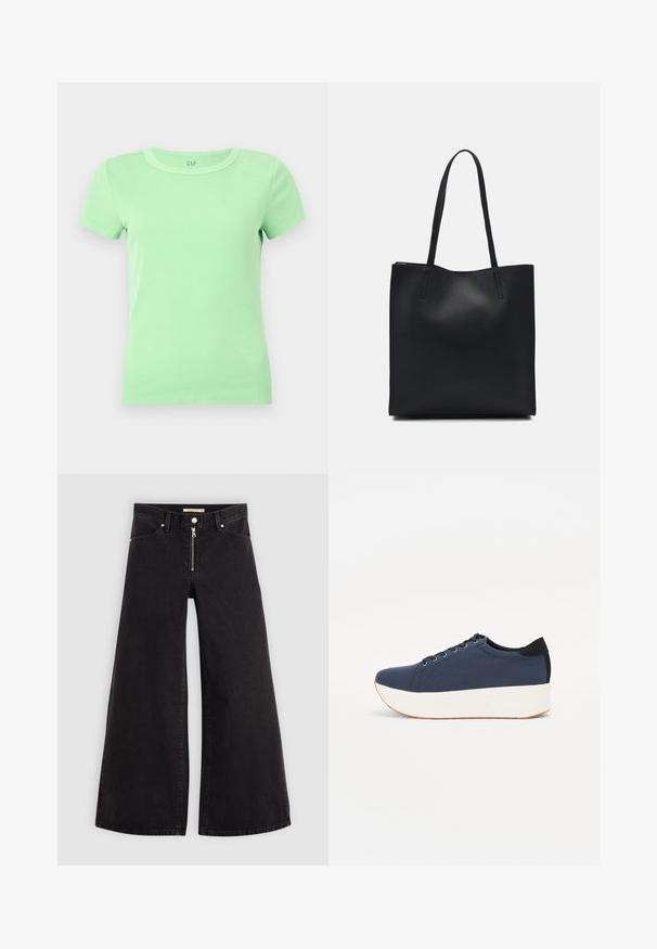 Mint green ribbed crew-neck T-shirt with short sleeves. Made from soft cotton, designed for a fitted silhouette. No visible logos or patterns.; Wide-leg jeans in black denim with a zippered front, five-pocket design, and subtle stitching details. Smooth texture and casual style.; Navy blue sneaker with a textured fabric upper, white platform sole, rounded toe, and black heel accent. Features six eyelets for laces.; Black leather tote bag with smooth texture, rectangular shape, and two long handles. No visible hardware or embellishments.