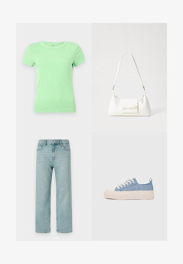 Mint green ribbed crew-neck T-shirt with short sleeves. Made from soft cotton, designed for a fitted silhouette. No visible logos or patterns.; Light blue wide-leg jeans made from denim, featuring a classic five-pocket design, clean lines, and a regular waistband with a button closure.; Light blue canvas sneakers with a cream rubber toe cap and outsole, featuring white laces and a pull tab on the heel.; White synthetic handbag with a triangular shape, flat front flap and bow detail, adjustable strap, smooth texture, and minimalistic design.
