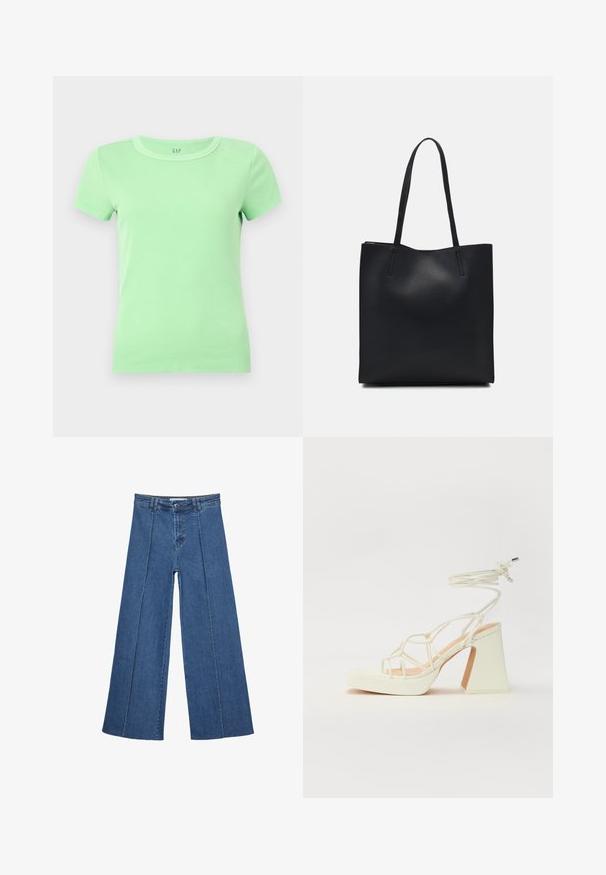 T-shirt mint verde a righe con scollo rotondo e maniche corte. Realizzato in morbido cotone, progettato per una silhouette aderente. Nessun logo o motivo visibile.; Jeans in denim a gamba larga di blu medio, con vita alta, chiusura con bottone e dettagli delle cuciture verticali a contrasto lungo la parte anteriore.; Sandalo bianco con tacco alto, caratterizzato da un design a cinturini e un legaccio alla caviglia. Texture liscia con una piattaforma frontale per un'altezza aggiuntiva.; Borsa tote in pelle nera con texture liscia, forma rettangolare e due manici lunghi. Nessun hardware o decorazione visibile.