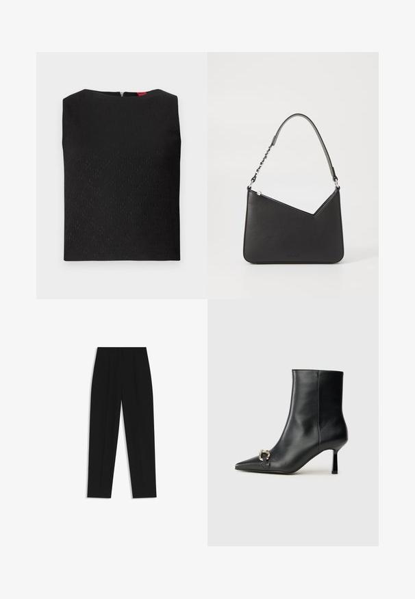 Black sleeveless top with a textured pattern, square neckline, and a back zipper. Features logo accents subtly woven into the fabric.; Black trousers with a straight fit, featuring double pleats, a smooth texture, and a classic waistband design. No visible hardware or accents.; Black leather ankle boot with pointed toe, slim mid-height heel, and silver buckle detail on side against plain background.; Black leather handbag with a triangular shape, a slim strap, and silver hardware. Features a zip closure and embossed logo on the front.