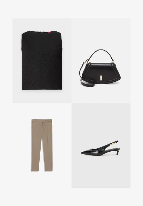 Zwarte mouwloze top met een gestructureerd patroon, vierkante halslijn en een rits aan de achterkant. Bevat subtiele logo-accenten in de stof geweven.; Beige op maat gemaakte broeken met een gladde textuur, recht ontwerp, voornaad en twee zijzakken. Eenvoudige tailleband met een metalen accent.; Zwarte leren slingback hakken met een spitse neus, voorzien van een slanke hak en een goudkleurige accent op de verstelbare band. Gladde textuur.; Zwarte leren handtas met een gestructureerd ontwerp, featuring een verkorte vorm, bovenhandvat en gouden hardwareaccent. Inclusief verstelbare schouderband.