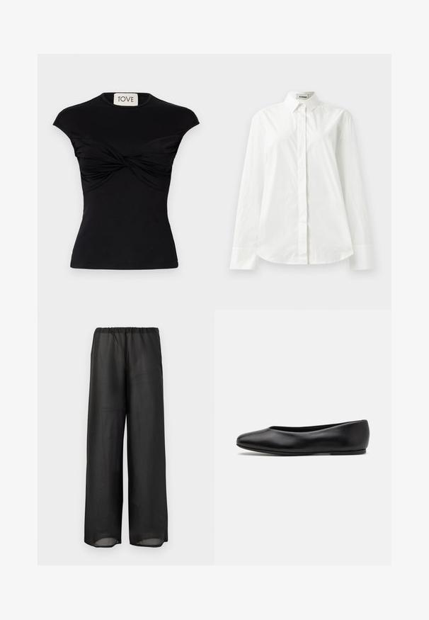 Černý top s krátkým rukávem s detailním zkroucením vpředu a přiléhavým střihem. Vyrobeno z hladkého elastického materiálu. Značka: TOVE.; Bílá bavlněná košile s dlouhým rukávem, špičatým límcem, zapínáním na knoflíky vpředu a zaobleným lemem. Hladká textura, klasický střih a žádné vzory.; Černé široké kalhoty vyrobené z lehkého, poloprůhledného materiálu s elastickým pasem. Design nabízí volný a uvolněný siluetu.; Paul Smith TOPANGA - Klasické baleríny - black