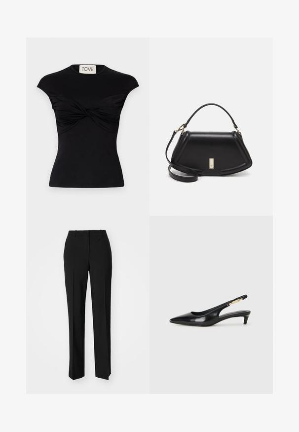 Black short-sleeve top featuring a twisted front detail and a fitted silhouette. Made from a smooth stretch fabric. Label: TOVE.; Black tailored trousers with a straight-leg design, featuring a smooth texture and crisp creases along the front. No visible hardware.; Black leather slingback heels with a pointed toe, featuring a slim heel and a gold-tone accent on the adjustable strap. Smooth texture.; Black leather handbag with a structured design, featuring a cropped shape, top handle, and gold hardware accent. Adjustable shoulder strap included.