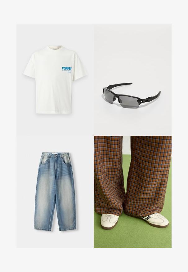 Bela bomba iz bombaža s kratkimi rokavi. Na levi strani na prsih je modro besedilo: "POMPEI Mi podpiramo hojo (Madrid)." Preprost dizajn.; Svetlo modri traper hlače z ohlapnim krojem, ki imajo ravne hlačnice, sprednje žepe in gumbasto zapiranje pri pasu.; Rjave in modre kariraste hlače širokih nogavic, v kombinaciji z belimi čevlji, ki imajo črne poudarke in teksturirane podplate, na zeleni podlagi.; Črne športne sončne očala z sivimi lečami, zasnovo ukrivljenega okvirja in podrobnostmi logotipa na strani. Narejena iz lahkega plastičnega materiala.