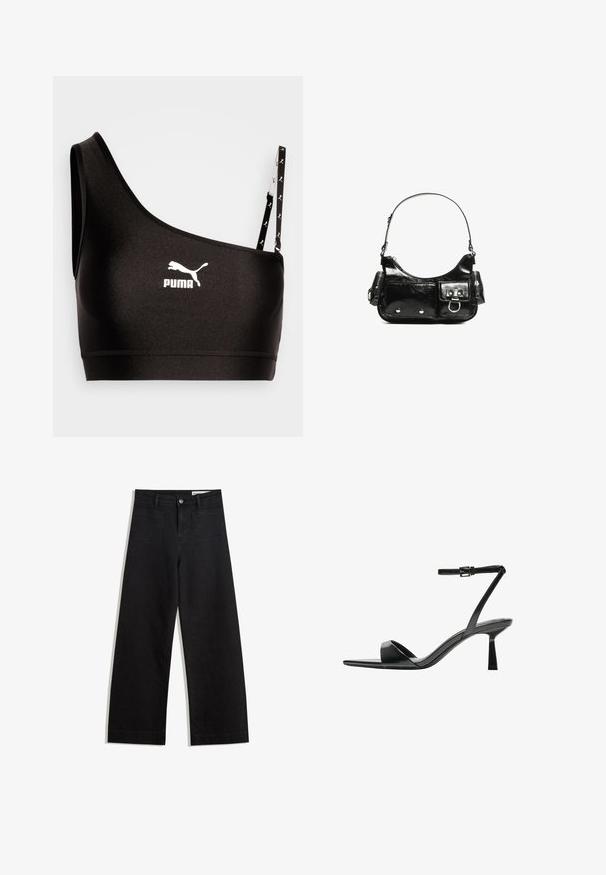 Černá sportovní podprsenka s jedním ramenním popruhem, se širokým bílým logem Puma. Hladký, pružný materiál s elegantním designem a kontrastním detailem popruhu.; Černé denimové kalhoty s volným střihem a vysokým pasem, vybavené předními a zadními kapsami, prošívanými švy a knoflíkovým zapínáním. Hladká textura.; Bershka Sandály na vysokém podpatku - black; Černá lakovaná kožená kabelka s křivkovým tvarem, jedním ramenním popruhem, předními kapsami a stříbrnými kovovými detaily.