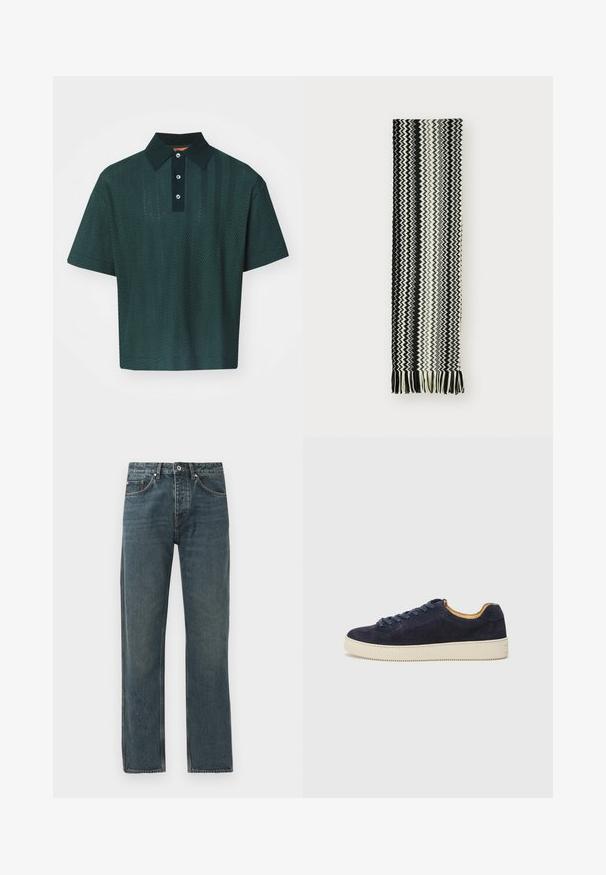 Tamsiai žalia trumpų rankovių polo marškiniai su žuvų kaulų raštu, penkių mygtukų uždarymu ir kontrastinga juoda apykakle. Tekstūruota medžiaga.; Tamsiai mėlyni džinsai su tiesiomis kojomis, turintys penkis kišenes, mygtuko uždarymą ir kontrastingus siuvimo akcentus.; Jūros laivyno zomšiniai žemakulniai sportbačiai su apvaliu nosiu, šviesiai balta guma sole ir atitinkančiomis raištelėmis; turi kontrastingą tan spalvos vidinę pamušalą.; Juoda ir balta audinė skara su zigzago raštu, su pūkuotomis galais. Audinys yra minkštas ir lengvas.