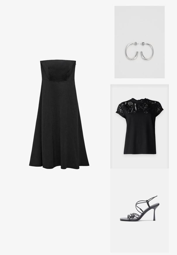 AllSaints ANNA czarny; Czarna sukienka bez ramiączek z dopasowanym bodicem i rozkloszowaną, do ziemi spódnicą. Wykonana z gładkiego materiału bez widocznych wzorów czy akcentów.; Czarne sandały na wysokim obcasie mają cienkie paski z węzłowym wzorem, gładki, kwadratowy czubek i smukły obcas w stylu szpilki.; Jasnoszara metaliczna torebka na łańcuszku, ozdobiona małymi okrągłymi metalowymi ćwiekami oraz trójkątnym logo marki.; Srebrne kolczyki koła o gładkiej, błyszczącej powierzchni, z zakrzywionym kształtem i zapięciem na sztyft. Minimalistyczny design z nowoczesnym wykończeniem.