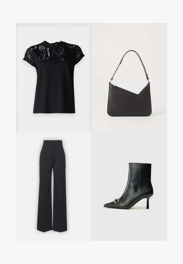 AllSaints ANNA SNAKE TEE - Print T-shirt - black; Wide-leg trousers in black fabric with a high waistband, featuring a clean finish and smooth texture. No visible hardware or patterns.; Black leather ankle boot with pointed toe, slim mid-height heel, and silver buckle detail on side against plain background.; Black leather handbag with a triangular shape, a slim strap, and silver hardware. Features a zip closure and embossed logo on the front.