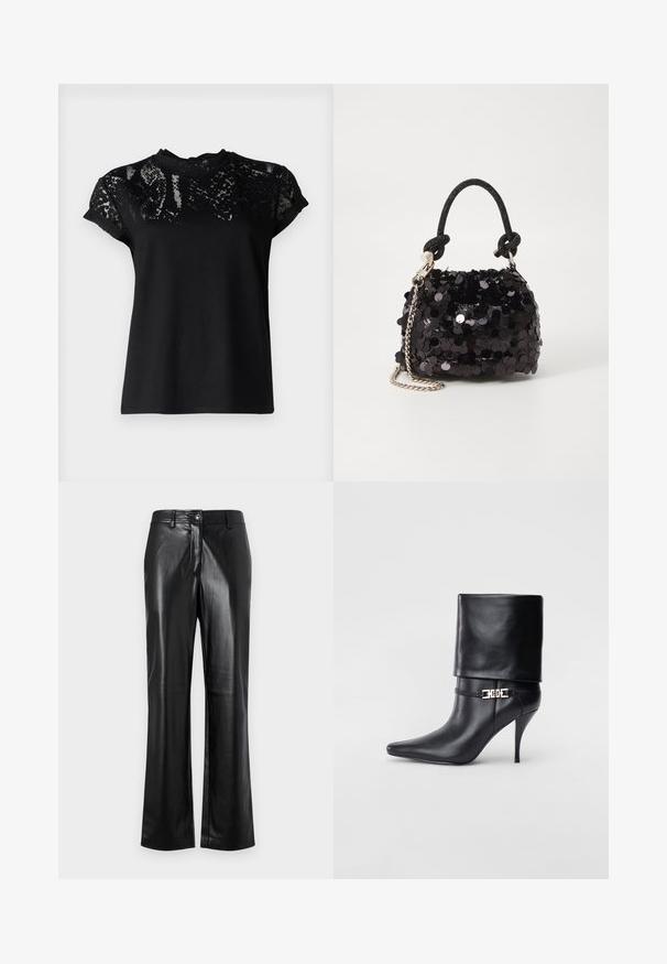 AllSaints ANNA SNAKE TEE - Tričko s potlačou - black; Čierne kožené nohavice so strihom rovného nohu, ktoré majú predné zapínanie na gombík, pútka na opasok a hladkú, lesklú textúru.; Čierna kožená členková topánka s špicatou špičkou, vysokým ihlovým podpätkom, prehnutým manžetom a zlatým dekoratívnym sponou na členku.; Čierna mini kabelka so štrasom, s uzlovým textúrovaným popruhom a strieborným reťazom. Guľatý tvar s riaseným vrchom a reflexnými detailmi.