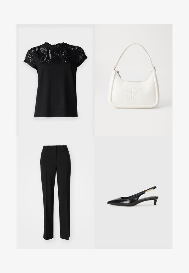 AllSaints ANNA SNAKE TEE - Tričko s potlačou - black; Čierne krajčírské nohavice so strihom rovného nohu, s hladkou textúrou a ostrými skladmi pozdĺž prednej časti. Žiadne viditeľné hardvér.; Čierne kožené slingback opätky s špicatou špičkou, s úzkym opätkom a zlatým detailom na nastaviteľnom remienku. Hladká textúra.; Biela kožená kabelka s zakriveným tvarom, na prednej strane s embosovaným logom "CK" a jedným ramenným popruhom. Zipsové zapínanie navrchu.