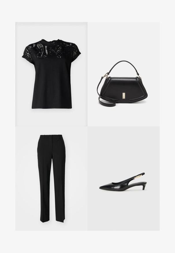 AllSaints ANNA SNAKE TEE - T-shirt med print - black; Svarta skräddarsydda byxor med rak benform, med en slät yta och skarpa veck fram. Ingen synlig hårdvara.; Svart läder slingback-hälar med spetsig tå, med en smal klack och en guldtonad detalj på den justerbara remmen. Slät textur.; Svart läderhandväska med en strukturerad design, som har en avskuren form, ett handtag upptill och guldiga detaljer. Justerbar axelrem ingår.