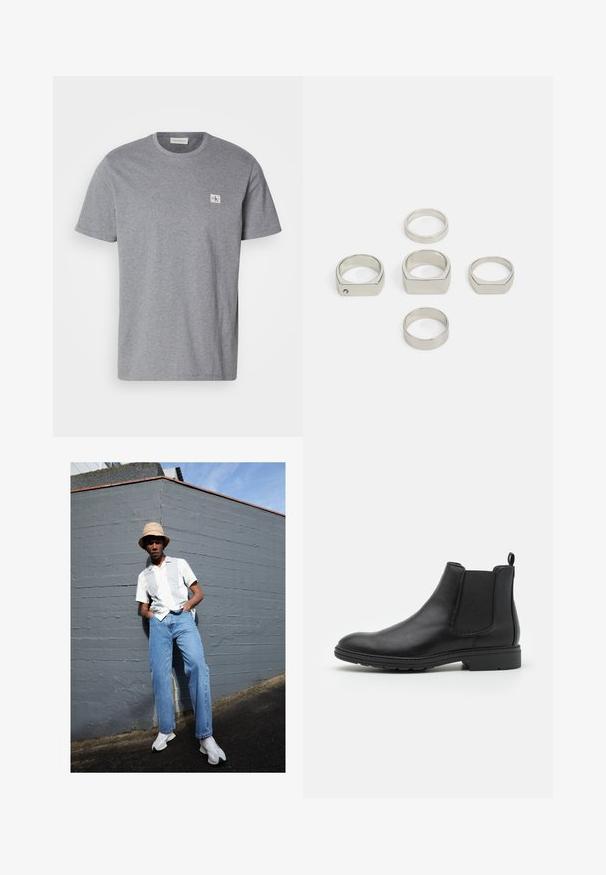 T-shirt cinza feito de tecido misto de algodão, com decote redondo, mangas curtas e um pequeno emblema da CK no lado esquerdo do peito.; Camisa branca de manga curta com riscas cinza claro, jeans de ganga azuis e sapatilhas brancas, posicionada contra uma parede cinza sob um céu azul limpo.; Botim Chelsea em couro preto com painéis laterais elásticos e uma alça, apresentando um bico arredondado e sola de borracha texturizada.; Conjunto de seis anéis metálicos prateados em várias formas, incluindo redondos e quadrados, apresentando texturas suaves e um design minimalista.