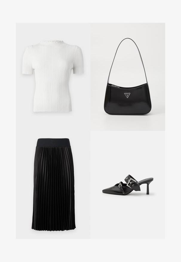 White ribbed short-sleeve top with a high neck and textured finish. Features subtle vertical lines and a fitted silhouette.; Black pleated skirt with a smooth texture, featuring a wide black waistband embossed with "HUGO." Knee-length design.; Black high-heeled mules with a pointed toe, made of smooth leather. Features a wide ankle strap with a square silver buckle and studs.; Black patent leather shoulder bag with a curved shape, featuring a silver triangle logo and a zipper closure. Smooth texture and slim strap.