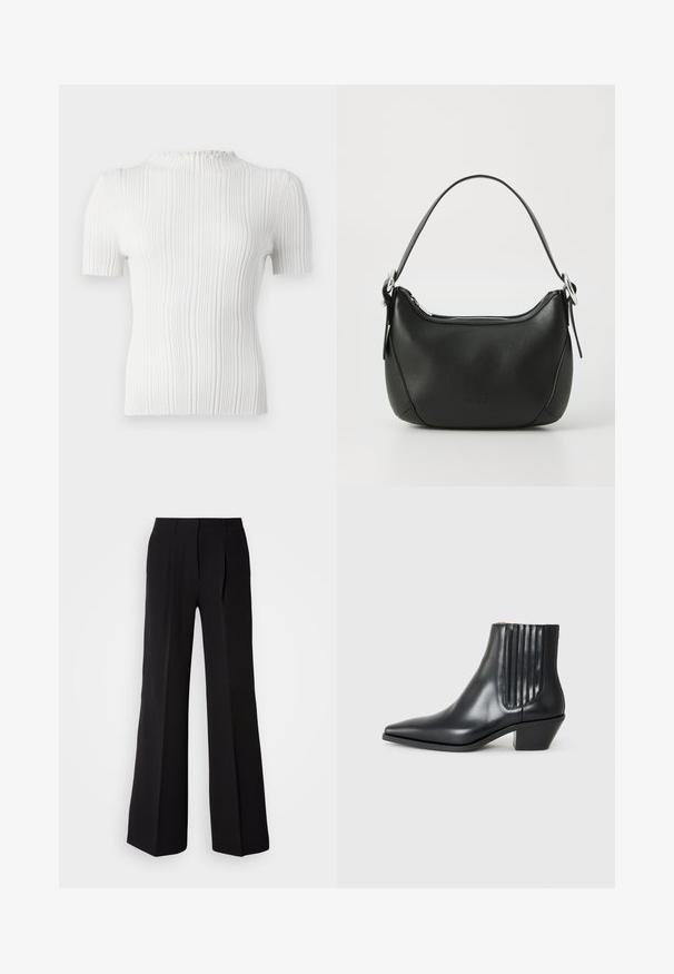 White ribbed short-sleeve top with a high neck and textured finish. Features subtle vertical lines and a fitted silhouette.; Black trousers made of smooth fabric, featuring a high waist, wide-leg silhouette, and two front pleats for added design detail.; Black leather ankle boot with pointed toe, elastic side panels with vertical grooves, and a low block heel. Smooth texture and sleek design.; Black leather handbag with a curved shape, silver zipper, and a short handle. Features a subtle logo on the front and smooth texture.