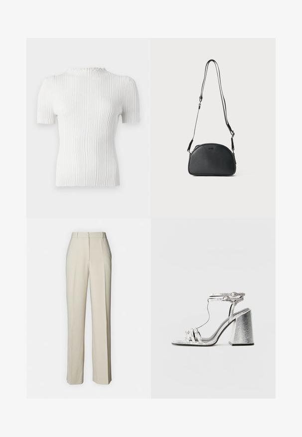 Vit ribbad kortärmad topp med hög hals och texturerad ytfinish. Har subtila vertikala linjer och en figurnära silhuett.; Beige skräddarsydda byxor med rak passform, med frontveck, platt midjeband och slätt tyg för en ren finish.; Silverfärgade sandaler med klack, med tunna remmar och en spänne vid ankeln. Materialet har en metallisk finish med en strukturerad yta.; Svart läder crossbody-väska med rundad form, två justerbara remmar och en diskret logotyp på framsidan. Strukturerad yta, minimalistisk design.