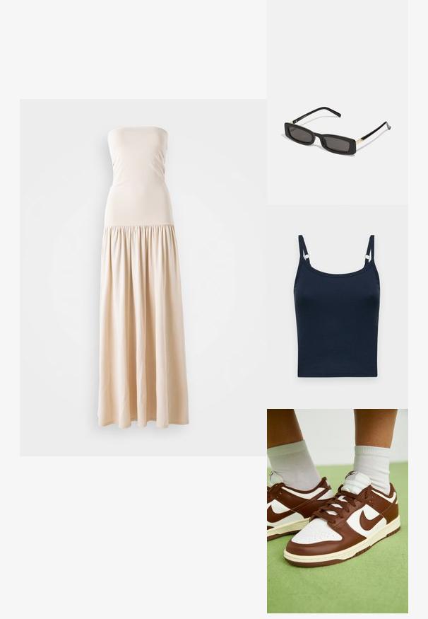 Hollister Co. BARE CAMI - Tops - navy; Bežs strapless maxi kleita ar pieguļošu augšdaļu un plūstošu sakrautu svārku, izgatavota no mīksta auduma, kurai visā garumā ir gluda tekstūra.; Brūni un balti ādas sporta apavi ar caurumiem purngalā, teksturētu akcentu un plakanu šņoru. Modelim ir zema augstuma dizains un gumijas zole.; Melnas taisnstūra saulesbrilles ar tumšiem objektīviem, spīdīgām plastikāta rāmēm un zelta akcentiem tempļos. Minimalistisks dizains un eleganta forma.; Brūna austa ādas soma ar izliekta, mezglota rokturi un ar rāvējslēdzēju aizdari. Gluda tekstūra un noapaļota forma.; Zelta auskari ar gludu, spīdīgu apdari. Apaļš dizains, kas ietver mazu tapu un caurspīdīgu pamatni drošai valkāšanai.