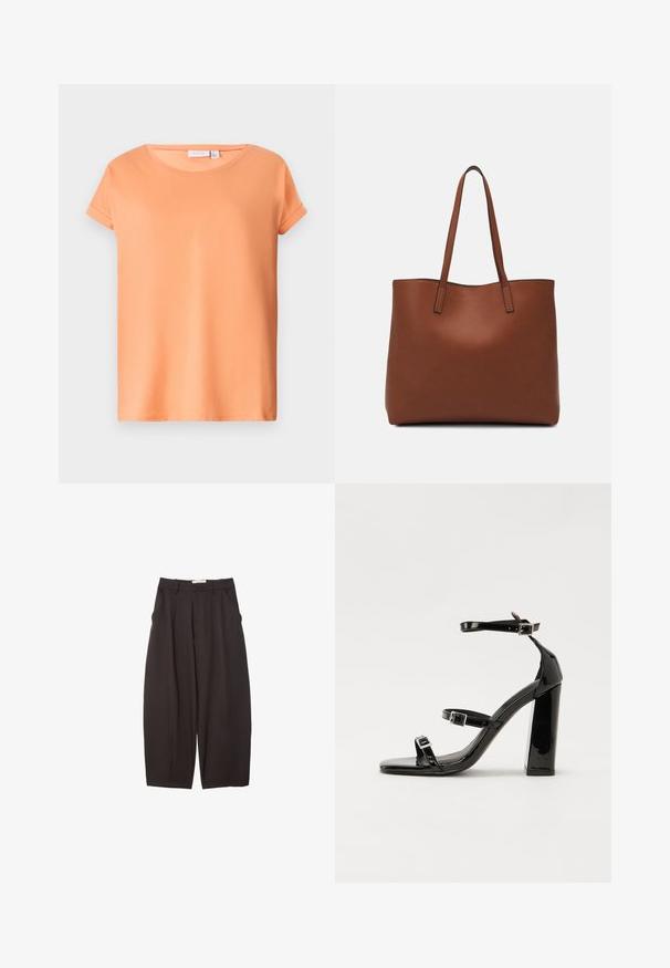 Kortærmet t-shirt i lys orange, lavet af blødt bomuldsstof. Har rund hals og optrukne ærmer, med en lige kant.; Sorte brede bukser lavet af et glat stof, med høj talje, forfaldne folder og sidelommer. Simpelt design uden udsmykninger.; Sorte patenterede hælsandaler med firkantet tå, ankelremme og sølvspænder. Har en chunky blokHæl for stabilitet.; Brun læder tote taske med en glat overflade, åben topdesign og to skulderremme. Har minimal syning og ingen synlig hardware.