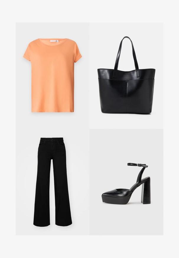 Tričko s krátkym rukávom vo svetlooranžovej farbe, vyrobené z jemnej bavlnenej látky. Má okrúhly výstrih a rolované rukávy, so rovnými okrajmi.; Čierne široké nohavice z denimu s pevným pásom, pútkami na opasok a prednými vreckami. Hladká štruktúra s klasickým dizajnom.; Čierne platformové podpätky so špicatou špičkou a nastaviteľným členkovým remienkom. Vyrobené z hladkej kože a so robustným blokovým podpätkom.; Čierna kožená tote taška s dvoma dlhými rúčkami, hladkým povrchom a štruktúrovaným tvarom. Obsahuje prednú kapsu pre dodatočné uskladnenie.