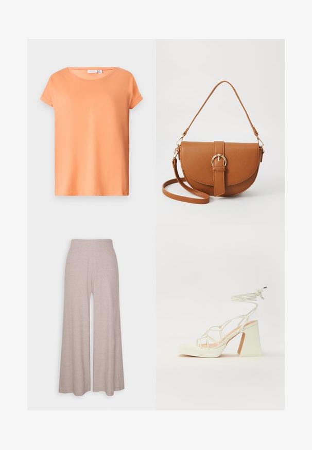 Īsām piedurknēm t-krekls gaiši oranžā krāsā, izgatavots no mīksta kokvilnas auduma. Iespējama apaļa kakla izgriezums un sarullētas piedurknes, ar taisnu apakšmalu.; Gai pelēki platā kāju bikses, izgatavotas no mīksta, ribota auduma, ar augstu jostasvietu un pilna garuma kājām ar vieglu tekstūru.; Baltas augstpapēžu sandales ar masīvu papēdi, ar siksnu dizainu un potītes saistītiem elementiem. Gluda tekstūra ar platformu priekšpusē, lai nodrošinātu papildu augstumu.; Brūns ādas plecu soma ar izliekta formu, zelta piederumiem un sprādzes akcentu. Iesaiņota ar noņemamu plecu siksnu.