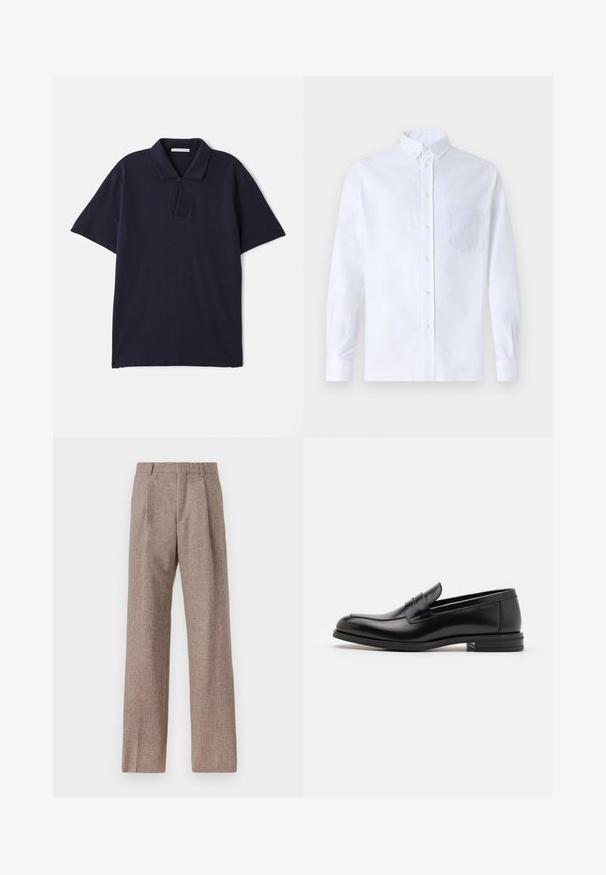 Granatowa koszulka polo wykonana z bawełny, z kołnierzykiem, krótkimi rękawami oraz zapięciem na dwa guziki, o gładkiej fakturze.; Biała koszula z długim rękawem na guziki, wykonana z bawełny, z kieszonką na piersi z tonowym haftem, kołnierzykiem i zapięciem na guziki przy mankietach.; Brązowe, wysokiej talii spodnie wykonane z teksturowanej tkaniny. Posiadają szerokie nogawki i dwa przednie zakładki dla lepszej struktury. Starannie wykończone, bez widocznych elementów metalowych.; Czarne skórzane mokasyny o gładkiej fakturze, zaokrąglonym nosku i dekoracyjnym pasku na przodzie. Niski, warstwowy obcas, minimalistyczny design.