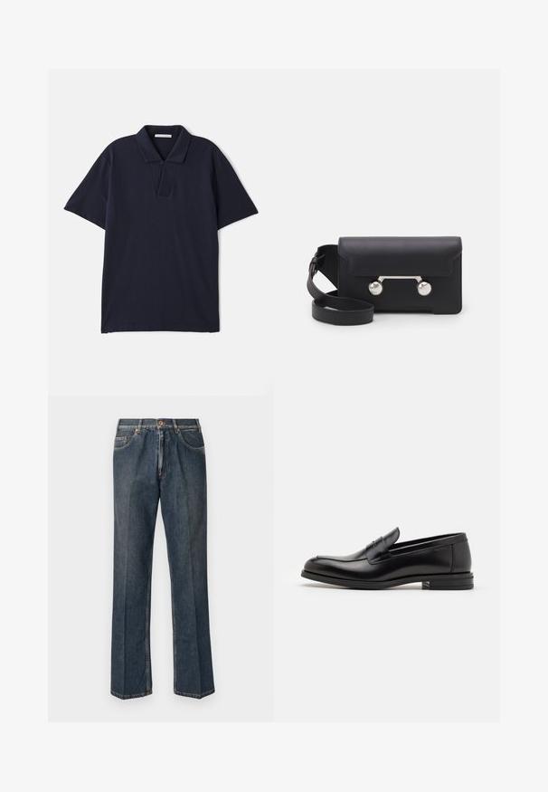 Námorně modrá polo tričko vyrobené z bavlny, s límečkem, krátkými rukávy a dvoubotkovou légu s hladkou strukturou.; Tmavě modré džíny rovného střihu s předním poutkem, zipem, dvojitými předními kapsami a viditelnými vertikálními záhyby na nohavicích.; Černé kožené polobotky s hladkou texturou, zaoblenou špičkou a zdobným páskem přes nárt. Nízký stohovaný podpatek, minimalistický design.; Černá kožená crossbody taška s klopovým zavíráním, stříbrným kováním a dvěma kulatými detaily. Obsahuje odnímatelný popruh. Hladká textura.