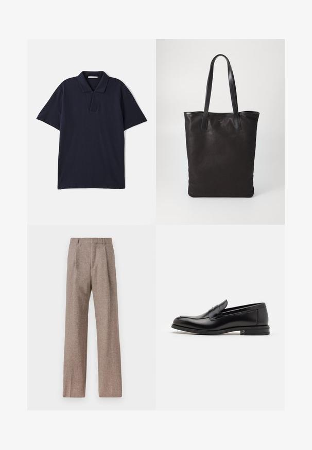 Polo de culoare bleumarin, fabricat din bumbac, cu guler, mâneci scurte și o închidere cu două butoane, având o textură netedă.; Pantaloni bej, cu talie înaltă, dintr-un material texturat. Prezintă picioare late și două pliseuri frontale pentru structură. Finisaj îngrijit, fără accesorii vizibile.; Mocasini din piele neagră cu o textură netedă, vârf rotund și o curea decorativă peste partea superioară. Toc mic, design minimalist.; Geantă de umăr din pânză neagră cu mânere din piele neagră. Design simplu, corp spațios și textură netedă. Fără logo-uri sau modele vizibile.