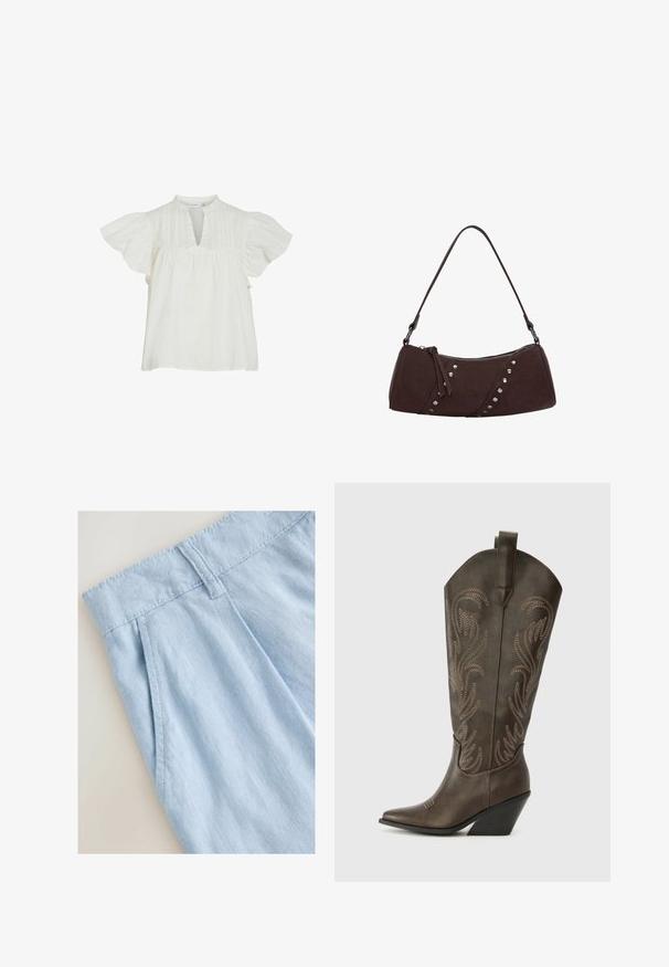 Hvid bluse med korte, svævende ærmer, en udskæring i halsen, teksturerede detaljer og rynket stof ved livet, lavet af letvægtsmateriale.; Lyseblå linnedede shorts med et plisseret design, der har en talje og syningsdetaljer. Glat tekstur og afslappet stil.; Brune læder cowboystøvle med spids tå, kilehæl og dekorativ broderi. Har en høj stok og en trækflap.; Brun syntetisk læder håndtaske med en buet form, lynlåslukning og dekorative sølvnitter langs den ene side. Har en kort skulderrem.