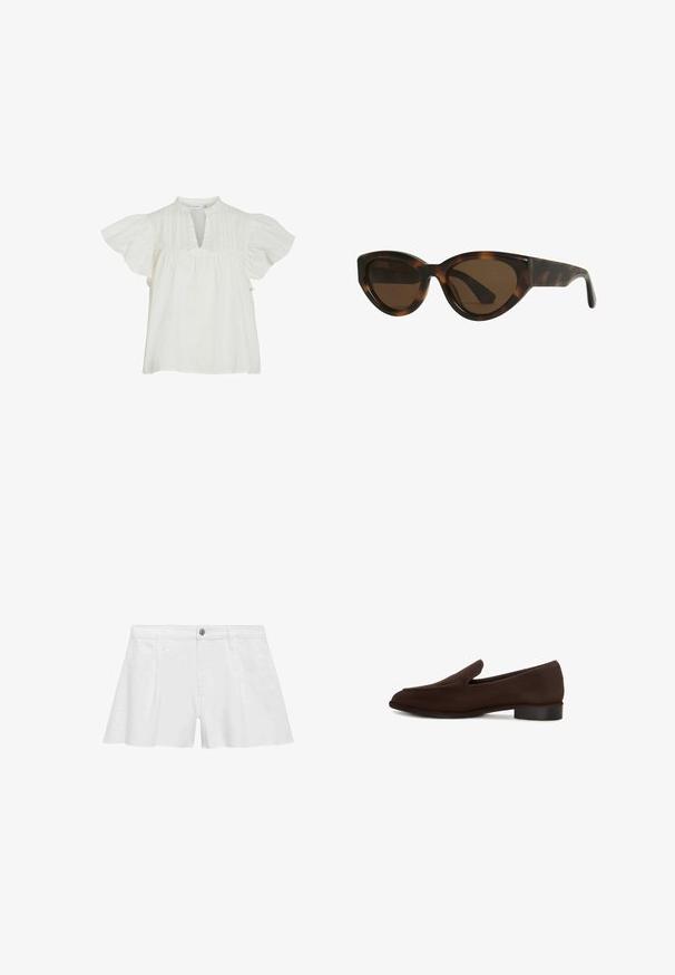 White blouse with short, flutter sleeves, a notch neckline, textured details, and gathered fabric at the bodice, made of lightweight material.; White cotton shorts with a relaxed fit, featuring front pockets, a button closure, and flat seams for a smooth finish.; Brown slip-on shoe with a smooth texture, elongated shape, low block heel, and minimalistic design. No visible patterns or embellishments.; Tortoiseshell cat-eye sunglasses with brown lenses, featuring smooth, glossy plastic frames and a sleek design. No visible logos or accents.; Brown suede tote bag featuring a triangular design, elongated shoulder straps, and a large open top with a cut-out handle detail.