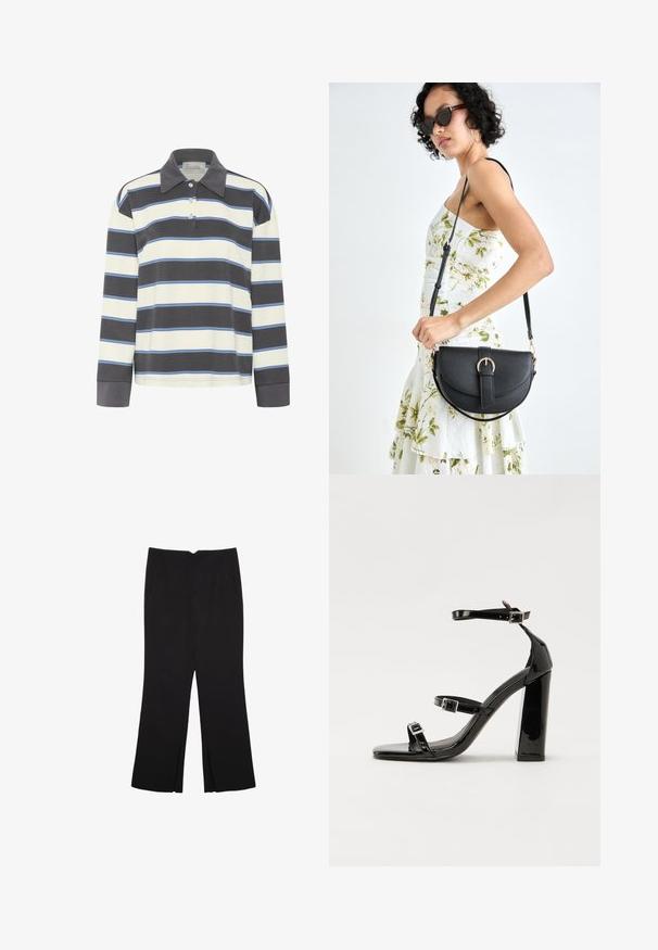 Pitkähihaisessa t-paidassa on tummansinisiä ja valkoisia Vaakaviivoja vaaleansinisillä yksityiskohdilla. Paidassa on kauluksellinen kaula-aukko ja kolme napinläpeä.; Mustat housut suoralinjaisella leikkauksella, joissa on etutaskut ja sivurei'ät helman alla. Valmistettu pehmeästä ja sileästä kankaasta. Sopii eri tilaisuuksiin.; Musta kiiltävä korkokenkä sandaalit neliönmuotoisella varpaalla, nilkkaremmillä ja hopeisilla soljilla. Varustettu tukevalla lohkokorkealla vakauden takaamiseksi.; Musta nahkainen käsilaukku, joka on kaareva muotoilultaan, irrotettavalla hihnalla ja kultaisilla yksityiskohdilla. Laukussa on läppä, jossa on solk yksityiskohta.