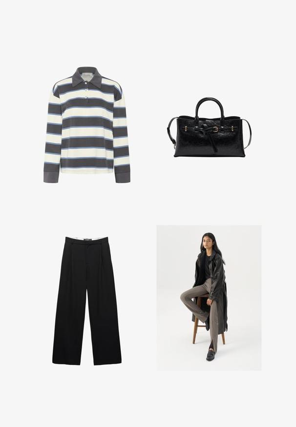 Pitkähihaisessa t-paidassa on tummansinisiä ja valkoisia Vaakaviivoja vaaleansinisillä yksityiskohdilla. Paidassa on kauluksellinen kaula-aukko ja kolme napinläpeä.; Valkoiset leveälahkeiset housut, jotka on valmistettu sileästä kankaasta. Sisältää etupleikkeet, vyötärön, jossa on vyölenkit, ja kauttaleikattu siluetti.; Musta nahkastakki, jossa on napit ja vyöyksityiskohtia, yhdistettynä vaaleanruskeisiin slim-fit-housuihin ja mustiin loafereihin, istuu puupenkillä.; Musta nahkainen käsilaukku, jossa on teksturoitu pinta, jämäkkä muoto, kaksoiskahvat ja irrotettava olkahihna. Kultaiseen sävyyn viimeistellyt yksityiskohdat.