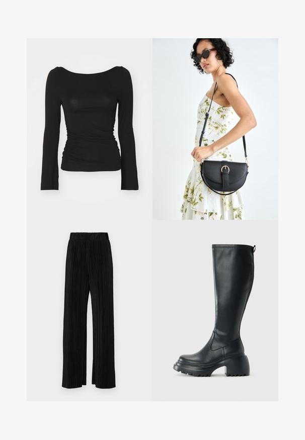 Melns garām piedurknēm tops ar pieguļošu dizainu un saplacinātu detaļu sānos, izgatavots no mīksta, elastīga auduma un ar plašu kakla izgriezumu.; Melni plīšu bikses ar elastīgu jostu. Tām ir platākas kājas un gluda, teksturēta auduma ar vertikālām svītrām.; Augstas melnas ādas zābakus ar masīvu platformu un bloka papēdi, ar vilkšanas cilpu un strukturētu profilu uz ārējā zoles.; Melnas ādas rokassoma ar izliekta formu, noņemamu siksnu un zelta aksesuāriem. Somai ir vāciņš ar sprādzes detaļu.