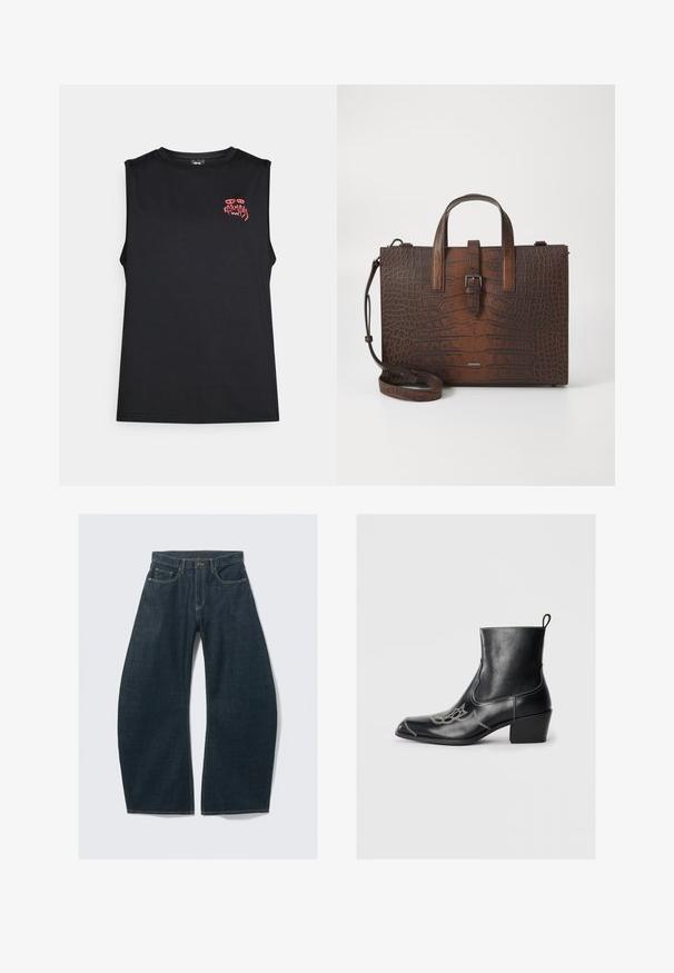 Schwarzes ärmelloses Tanktop mit rot stilisiertem "Karma"-Text und abstraktem Augengrafik auf der oberen linken Brust.; Kurzärmliges Hemd mit Knopfleiste im Marineblau-weißen Karomuster und unregelmäßigen schwarzen abstrakten Grafiklinien auf der Vorderseite und den Ärmeln.; Dunkelblaue Jeans mit weitem Bein aus Denim, mit fünf Taschen, sichtbaren Nähten, Knopfverschluss und sauberem Finish.; Schwarze Lederstiefeletten mit quadratischer Zehenform, dekorativen Nähten und einem niedrigen Blockabsatz. Mit einer Schlaufe zum einfachen Anziehen.; Braune Handtasche aus geprägtem Leder mit Ktopfhörern und einem abnehmbaren Schultergurt. Verfügt über einen Schnappverschluss und hat eine rechteckige Form.