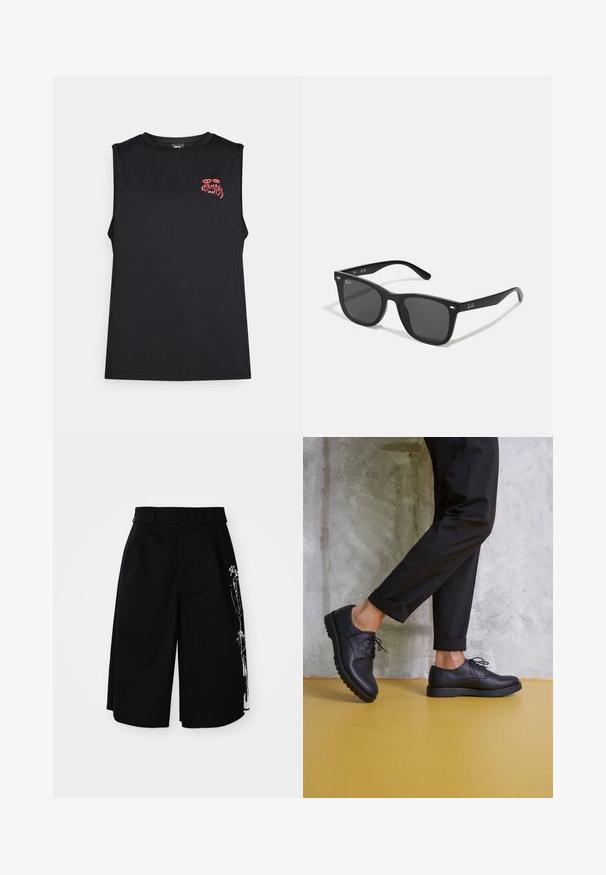 Canotta nera senza maniche con testo stilizzato "Karma" in rosso e grafica di occhi astratti sul lato sinistro superiore del petto.; Shorts neri in cotone con una vestibilità rilassata, gamba dritta e una particolare stampa grafica bianca su un lato. Doppie passanti per la cintura.; Scarpe stringate in pelle nera con punta arrotondata, superficie testurizzata e suola in gomma spessa. Indossate con pantaloni neri arrotolati su uno sfondo di cemento.; Occhiali da sole neri in plastica con lenti scure. Design con montatura quadrata caratterizzato da dettagli metallici e un logo sul lato esterno della astina.