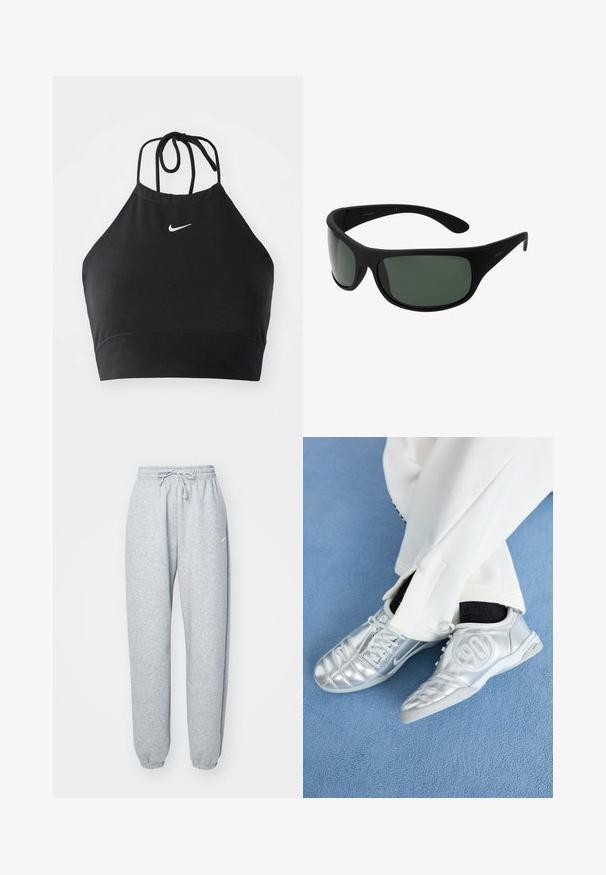 Črni halter crop top, izdelan iz raztegljivega materiala, z diskretnim belim logotipom Nike, z zavezovanjem in brezšivnim zaključkom.; Svetlosivi trenirke iz mehke mešanice bombaža, ki imajo elastičen pas z vrvico, zožene hlačnice in rebraste manšete. Minimalne blagovne znamke.; Srebrni atletski čevlji z gladkim, sijočim zaključkom, z našitim dizajnom in številko 90 na strani, v kombinciji z belimi hlačami.; Črne Sonnenbrille z zavitimi okvirji in temno zelenimi lečami. Matt finiš, ukrivljen dizajn, s ravnimi ročaji in diskretnim logotipom na strani.