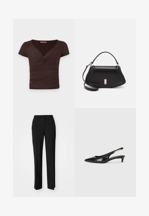 Hnědý top s krátkým rukávem, má V-výstřih a detail se zkroucením vpředu. Obsahuje nabíranou látku pro přiléhavý vzhled, vyrobený z měkkého, elastického materiálu.; Černé kalhoty na míru se střihem do rovna, které mají hladkou texturu a ostré sklady na přední straně. Bez viditelného kování.; Černé kožené boty na podpatku s otevřenou patou a špičatou špičkou, s tenkým podpatkem a zlatým akcentem na nastavitelném pásku. Hladký povrch.; Černá kožená kabelka se strukturovaným designem, jejíž tvar je zkrácený, má horní rukojeť a zlaté kovové detaily. Součástí je i nastavitelný ramenní popruh.