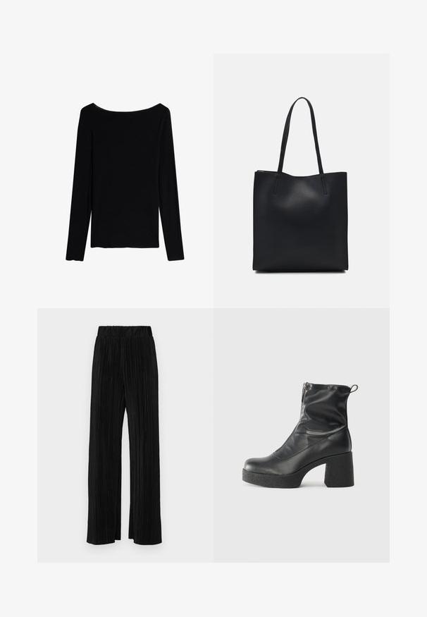 Intimissimi CHRISTMAS - Maglietta a manica lunga - black; Pantaloni neri a plissé con vita elasticizzata. Presentano gamba ampia e un tessuto liscio e texture con strisce verticali.; Stivali neri alla caviglia in pelle liscia, con zip laterale, tacco spesso e texture, e punta arrotondata.; Borsa tote in pelle nera con texture liscia, forma rettangolare e due manici lunghi. Nessun hardware o decorazione visibile.