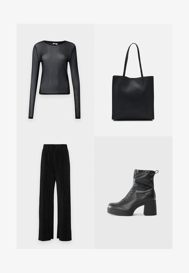Top preto de mangas longas feito de material transparente, com decote redondo e corte justo, com bainhas delicadamente acabadas.; Calças pregueadas pretas com uma cintura elástica. Apresentam pernas largas e um tecido liso, texturizado com riscas verticais.; Botas de tornozelo pretas feitas de couro liso, com fecho lateral, salto grosso texturizado e design de bico arredondado.; Bolsa tote preta em couro com textura lisa, forma retangular e duas alças longas. Sem hardware ou enfeites visíveis.
