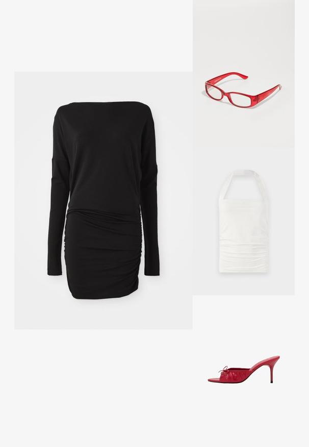 Biały top na szyi wykonany z gładkiego, elastycznego materiału, z marszczonym wzorem z przodu i szerokimi ramiączkami dla wsparcia.; Czarna, długa sukienka z długimi rękawami, wykonana z miękkiego materiału, z dekoltem w łódkę i marszczeniami po bokach, tworzącymi dopasowaną sylwetkę.; Czerwone skórzane klapki z otwartym noskiem, z zebranym, plisowanym wzorem i dekoracyjną kokardą. Posiadają szpilkowy obcas i gładkie wykończenie.; Czerwone plastikowe okulary w prostokątnej oprawie, z przezroczystymi soczewkami i cienkimi zausznikami. Na zauszniku jest wytłoczone logo marki "even&odd".; Czerwona, błyszcząca skórzana torebka o trójkątnym kształcie, z szerokim otwarciem na górze i pojedynczym, zaokrąglonym uchwytem. Gładka tekstura z minimalnymi detalami przeszyć.