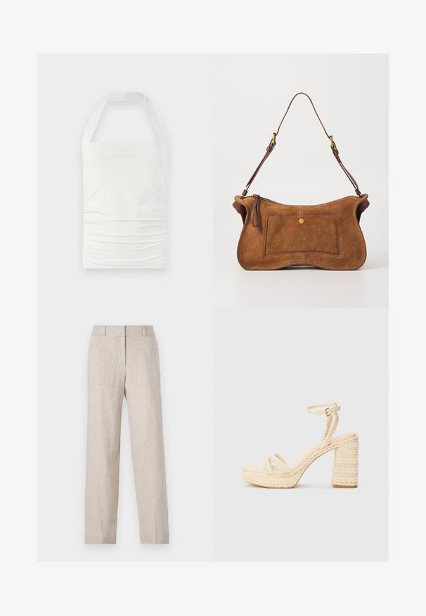 White halter top made of smooth, stretchy fabric, featuring a gathered design at the front and wide straps for support.; Beige linen trousers with a straight leg design, high waistband, and subtle texture. No visible pockets or embellishments.; Beige strappy heeled sandals with braided jute platform and heel, featuring a thin ankle strap and a smooth footbed.; Dolce Vita JOSIE - Handbag - pecan